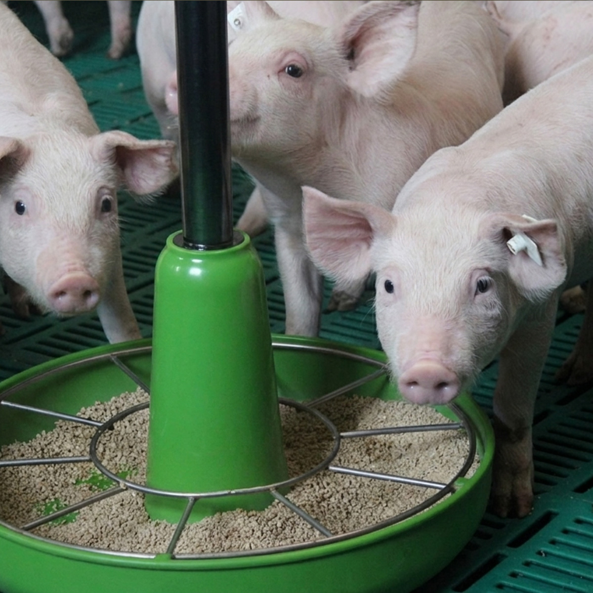 drei Ferkel um einen gruenen Futterteller